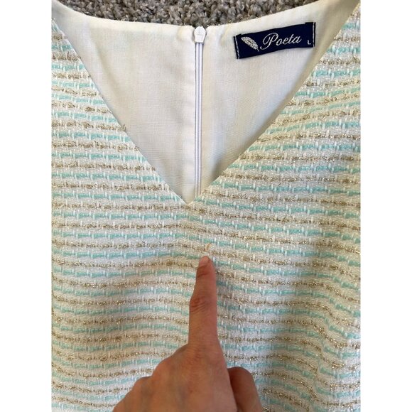 Poeta Womens Sz L White & Gold Sleeveless Tweed Sheath Dress With V-Neckline - Picture 7 of 10